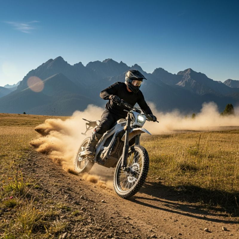 Person riding a dirt bike in off road field with mountain background