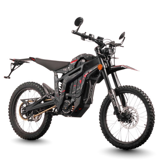 Black Talaria Sting Pro L1E 13kw Electric MX Road Legal Dirt Bike on a white background