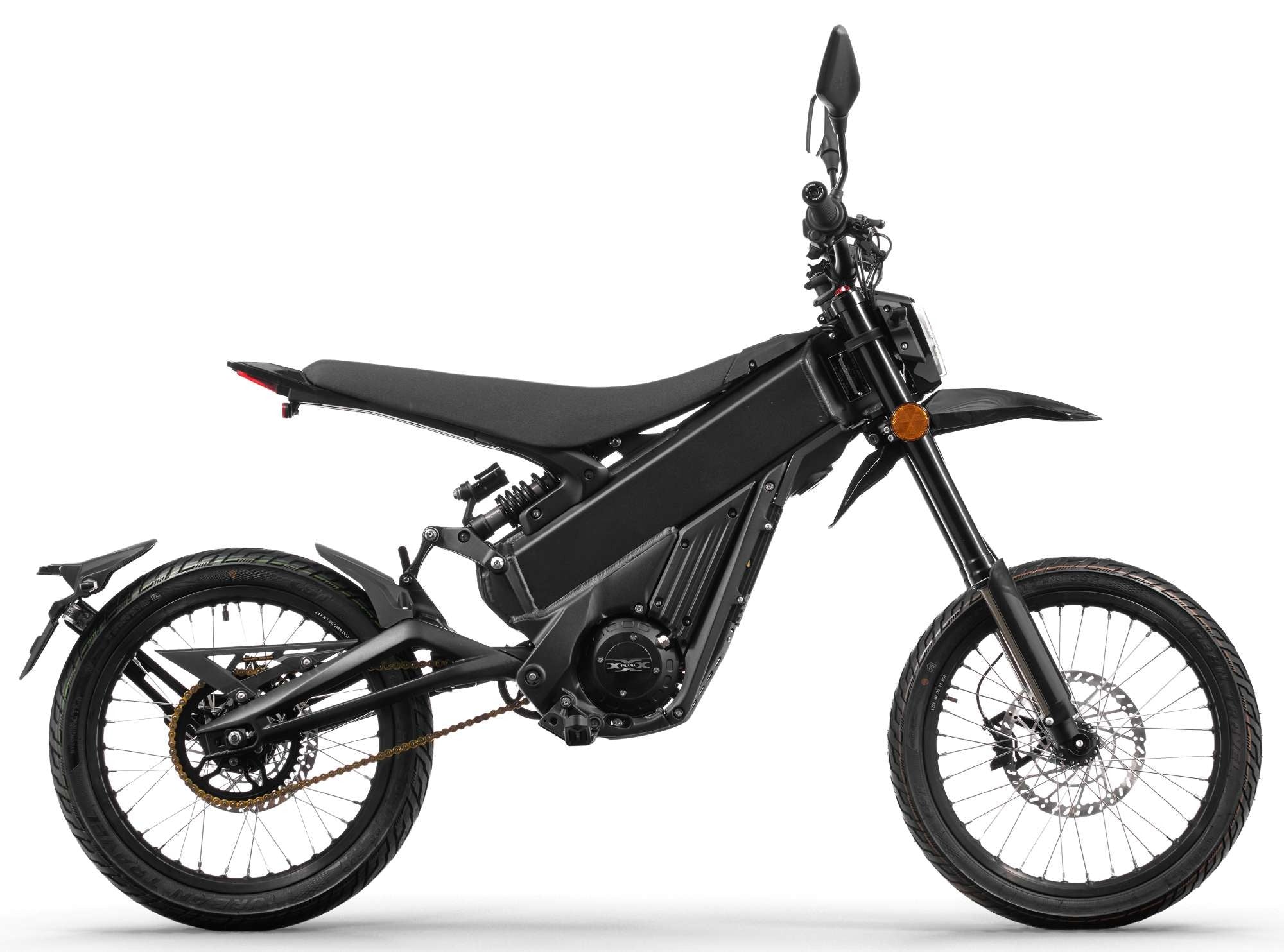 Talaria X3 L1E Road Legal Electric Dirt Bike on a white background - side view